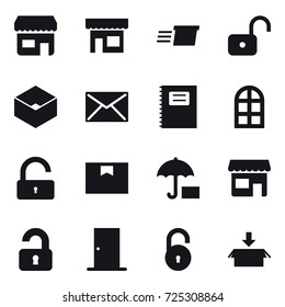 16 vector icon set : shop, delivery, unlock, box, mail, copybook, arch window, unlocked, door, package
