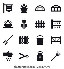 16 vector icon set : shop signboard, flower, greenhouse, flower bed, fence, watering, fork, bucket, farm fence, sow, pruner, fertilizer, rake