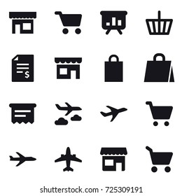 16 vector icon set : shop, cart, presentation, basket, account balance, shopping bag, atm receipt, journey, plane, airplane