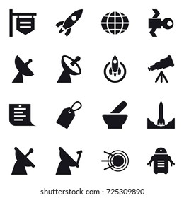 16 vector icon set : shop signboard, rocket, globe, satellite, satellite antenna, telescope, shopping list, label
