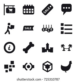 16 vector icon set : shop signboard, calendar, sale, message, courier, list, info, castle, palm hammock, chicken