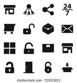 16 vector icon set : shop, share, 24/7, delivery, unlock, box, mail, window, unlocked, door, package