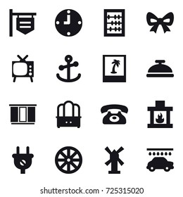 16 vector icon set : shop signboard, clock, abacus, bow, tv, photo, service bell, wardrobe, dresser, phone, fireplace, wheel, windmill, car wash
