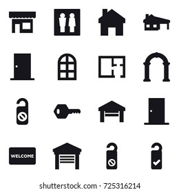 16 vector icon set : shop, wc, home, house with garage, door, arch window, plan, arch, do not distrub, key, garage, welcome mat, please clean