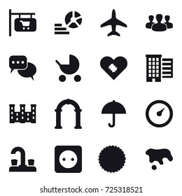 16 vector icon set : shop signboard, diagram, plane, group, discussion, baby stroller, houses, palace, arch, barometer, water tap, power socket, spot