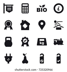 16 vector icon set : shop signboard, calculator, bio, info, medal, smart house, train, pear, do not distrub, please clean