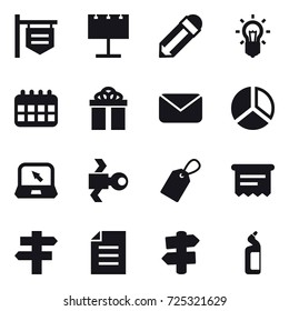 16 vector icon set : shop signboard, billboard, pencil, bulb, calendar, gift, mail, diagram, notebook, satellite, label, atm receipt, singlepost, signpost, toilet cleanser
