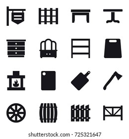 16 vector icon set : shop signboard, table, chest of drawers, dresser, rack, cutting board, fireplace, axe, wheel, barrel, fence, farm fence