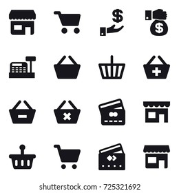 16 vector icon set : shop, cart, investment, money gift, cashbox, basket, add to basket, remove from basket, delete cart, credit card