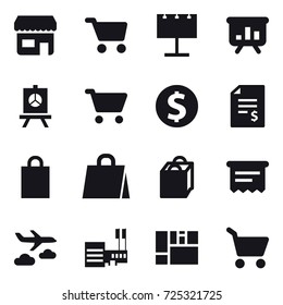 16 vector icon set : shop, cart, billboard, presentation, dollar coin, account balance, shopping bag, atm receipt, journey, mall