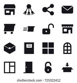 16 vector icon set : shop, share, mail, delivery, unlock, box, copybook, window, arch window, door, package