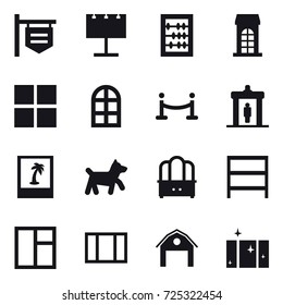 16 vector icon set : shop signboard, billboard, abacus, building, window, arch window, vip fence, detector, photo, dog, dresser, rack, barn, clean  window