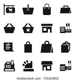 16 vector icon set : shop signboard, basket, shopping bag, delete cart, shop, store, shopping list, cashbox, mall