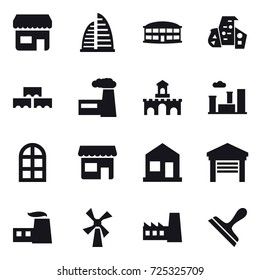 16 vector icon set : shop, skyscraper, airport building, modern architecture, block wall, factory, fort, city, arch window, home, garage, windmill, scraper