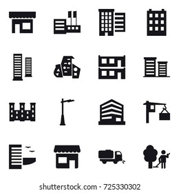 16 vector icon set : shop, store, houses, building, skyscrapers, modern architecture, modular house, district, palace, outdoor light, hotel, sweeper, garden cleaning