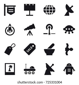 16 vector icon set : shop signboard, billboard, globe, satellite antenna, rocket, telescope, laser, ufo, label, sale label, photo