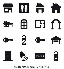 16 vector icon set : shop, wc, home, house with garage, arch window, plan, arch, key, do not distrub, garage, door, bell, welcome mat, please clean