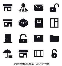 16 vector icon set : shop, share, mail, unlock, box, copybook, window, door