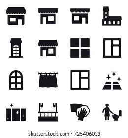 16 vector icon set : shop, mansion, building, window, arch window, curtain, clean floor, clean  window, skyscapers cleaning, wiping, toilet cleaning