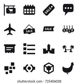 16 vector icon set : shop signboard, calendar, sale, message, plane, atm receipt, list, castle, palm hammock, chicken