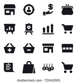 16 vector icon set : shop, target audience, investment, purse, presentation, graph up, cart, add to basket, remove from basket, market, shopping list, shopping bag, sale