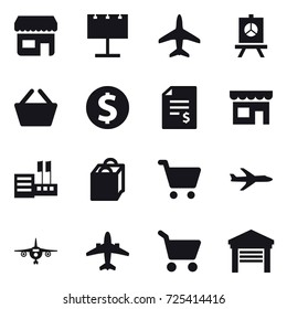 16 vector icon set : shop, billboard, plane, presentation, basket, dollar coin, account balance, store, shopping bag, airplane, cart, garage