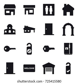 16 vector icon set : shop, wc, home, mansion, house with garage, door, arch, key, do not distrub, fridge, welcome mat, garage, please clean