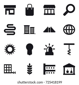 16 vector icon set : shop, shopping bag, market, district, pyramid, globe, sun, bulb, alarm, corkscrew, watering, utility room