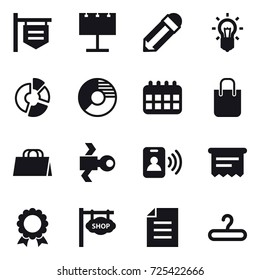 16 vector icon set : shop signboard, billboard, pencil, bulb, circle diagram, calendar, shopping bag, satellite, pass card, atm receipt, medal, hanger