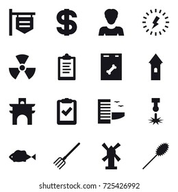 16 vector icon set : shop signboard, dollar, woman, lightning, nuclear, clipboard, tower, arch, hotel, fork, windmill, duster