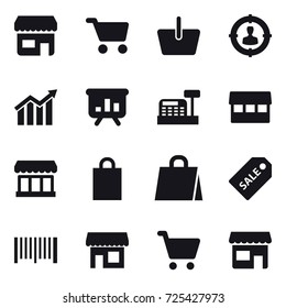 16 vector icon set : shop, cart, basket, target audience, diagram, presentation, cashbox, market, shopping bag, sale label, barcode