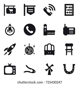 16 vector icon set : shop signboard, call, abacus, rocket, phone, church, disco ball, dresser, chair, tv, walnut crack, windmill, horseshoe
