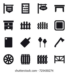 16 vector icon set : shop signboard, abacus, table, nightstand, fence, cutting board, trees, axe, wheel, barrel, farm fence