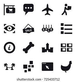 16 vector icon set : shop signboard, message, plane, courier, eye identity, sale, list, info, castle, panel house, palm hammock, chicken