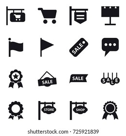 16 vector icon set : shop signboard, cart, billboard, flag, sale, message, medal, store signboard