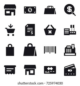 16 vector icon set : shop, money, shopping bag, dollar arrow, add to cart, account balance, delete cart, store, barcode, cashbox, atm receipt, credit card