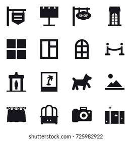16 vector icon set : shop signboard, billboard, building, window, arch window, vip fence, detector, photo, dog, landscape, curtain, dresser, clean  window