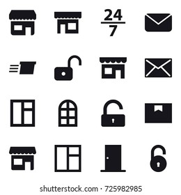 16 vector icon set : shop, 24/7, mail, delivery, unlock, window, arch window, door