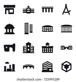 16 vector icon set : shop, bridge, draw compass, goverment house, skyscrapers, airport building, slum, building, university, school, city