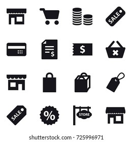 16 vector icon set : shop, cart, coin stack, sale, credit card, account balance, receipt, delete cart, shopping bag, label, sale label, percent, store signboard