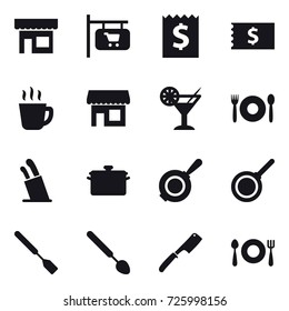 16 vector icon set : shop, shop signboard, receipt, hot drink, cocktail, cafe, stands for knives, pan, spatula, big spoon, chef knife
