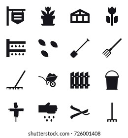 16 vector icon set : shop signboard, flower, greenhouse, watering, seeds, shovel, fork, rake, wheelbarrow, fence, bucket, scarecrow, sow, pruner