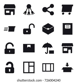 16 vector icon set : shop, share, delivery, unlock, box, copybook, unlocked, window, package