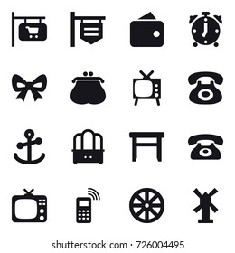16 vector icon set : shop signboard, wallet, alarm clock, bow, purse, tv, dresser, stool, phone, wheel, windmill