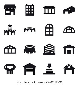 16 vector icon set : shop, building, airport building, warehouse, fort, bridge, arch window, greenhouse, stadium, antique column, garage, barn