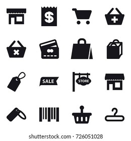 16 vector icon set : shop, receipt, cart, add to basket, delete cart, credit card, shopping bag, label, sale, store signboard, hanger