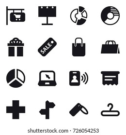 16 vector icon set : shop signboard, billboard, circle diagram, gift, sale, shopping bag, diagram, notebook, pass card, atm receipt, hanger