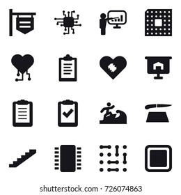16 vector icon set : shop signboard, chip, presentation, cpu, cardio chip, clipboard, surfer, cutting board, stairs