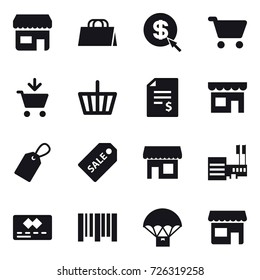 16 vector icon set : shop, shopping bag, dollar arrow, cart, add to cart, basket, account balance, label, sale label, mall
