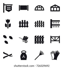 16 vector icon set : shop signboard, fence, greenhouse, watering, seeds, wheelbarrow, farm fence, pruner, fertilizer, rake, gloves